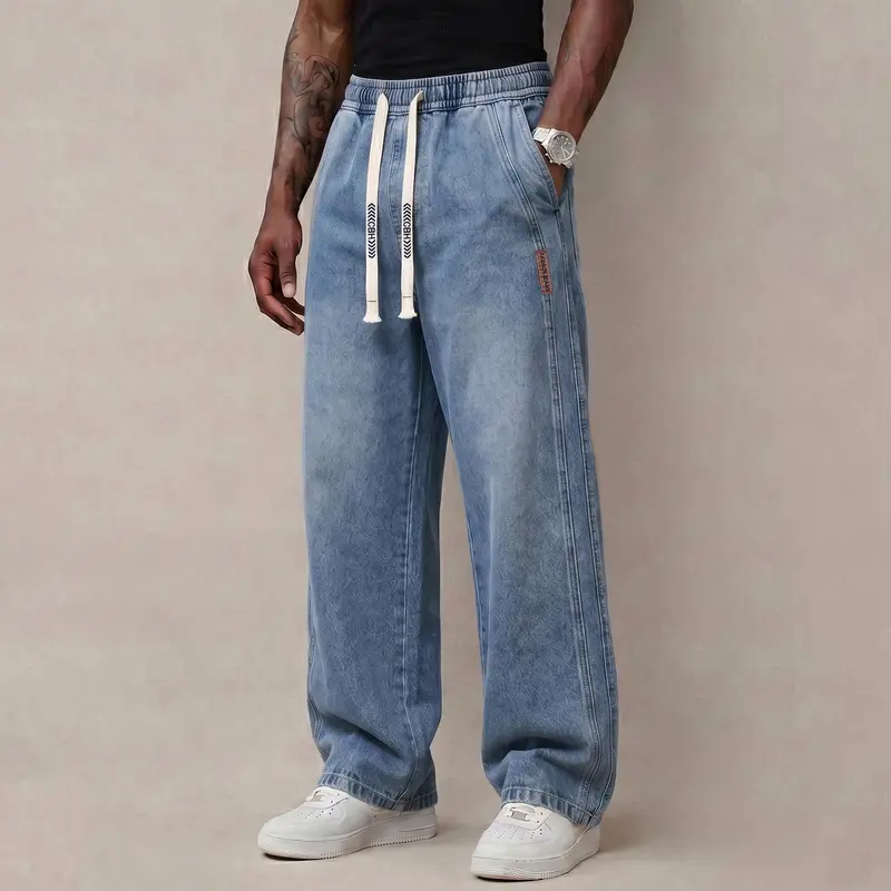 Men's Stretch Cotton Drawstring Jeans, Loose Fit Ankle