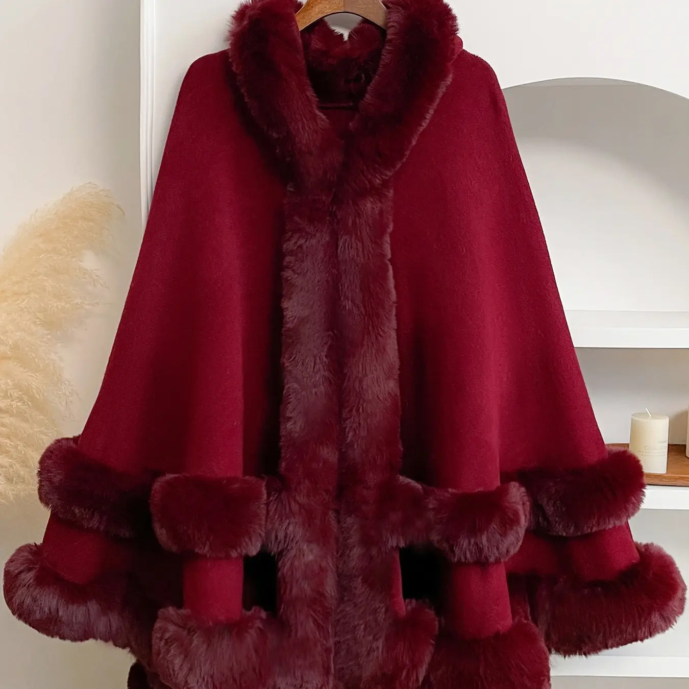 Luxury Faux Fur Hooded Cape Shawl for Women