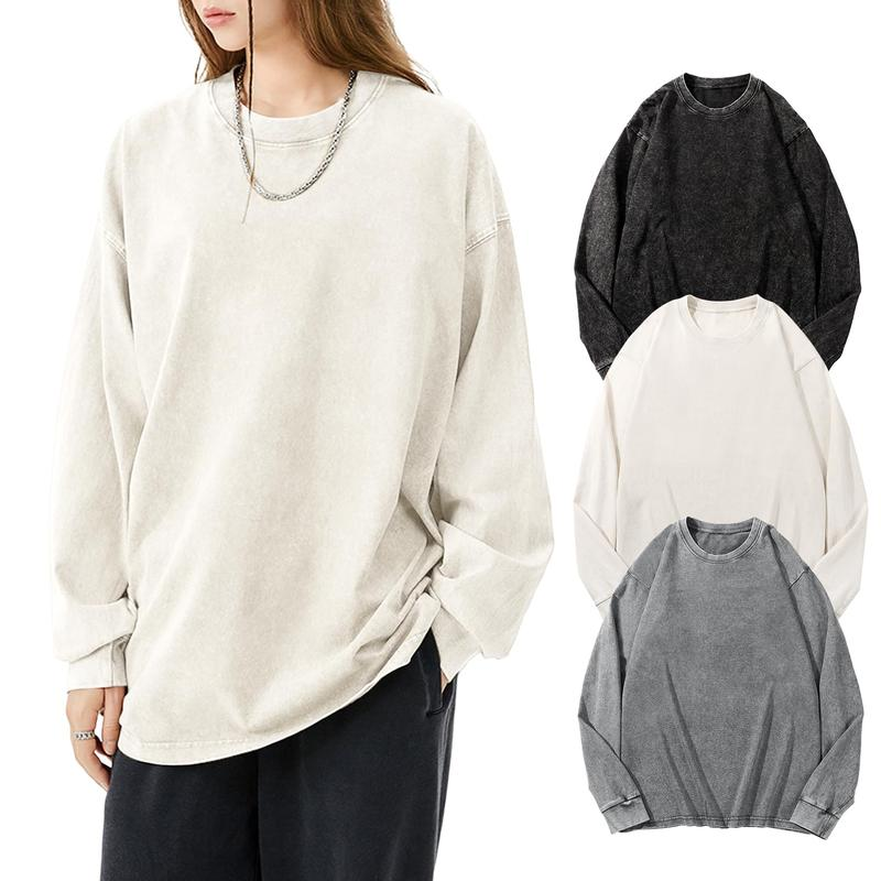 Unisex Long Sleeve Acid Wash Cotton T-Shirt 3-Pack