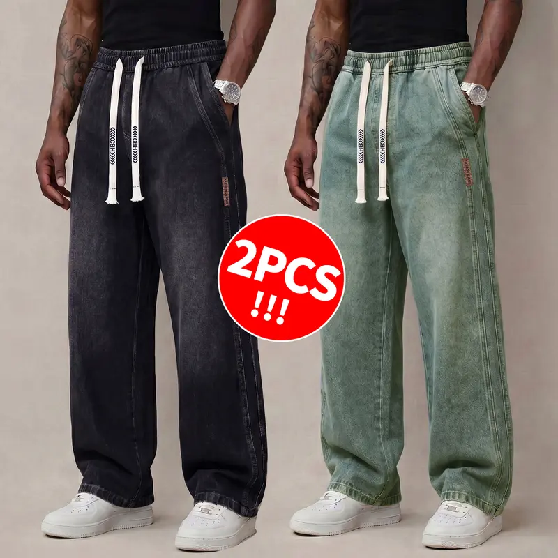 Men's Stretch Cotton Drawstring Jeans, Loose Fit Ankle