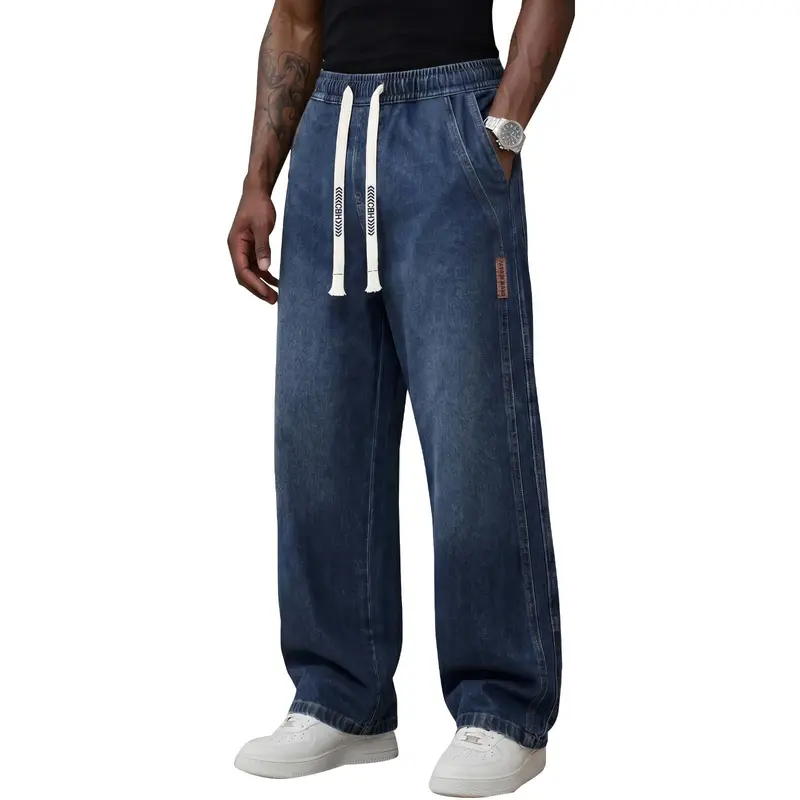 Men's Stretch Cotton Drawstring Jeans, Loose Fit Ankle