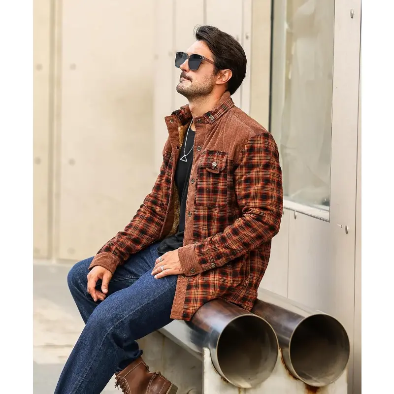 Men's Plaid Flannel Shirt Jacket Sherpa Fleece Lined, Corduroy