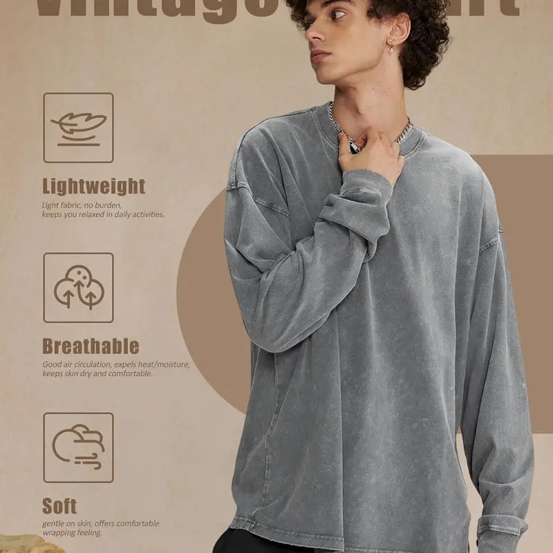 Unisex Long Sleeve Acid Wash Cotton T-Shirt 3-Pack