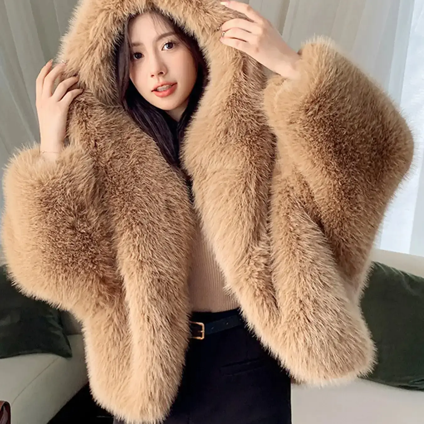 Women's Hooded Faux Fur Coat Loose Fit