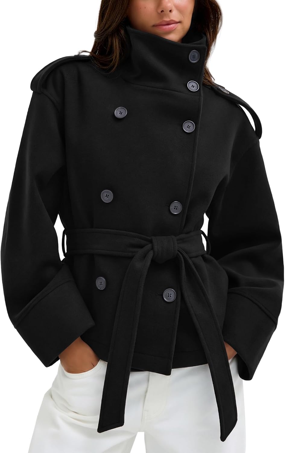 Belted Cropped Pea Coats for Women Fall Winter Funnel Neck Jacket