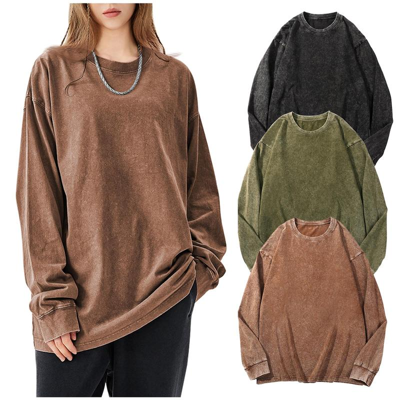 Unisex Long Sleeve Acid Wash Cotton T-Shirt 3-Pack