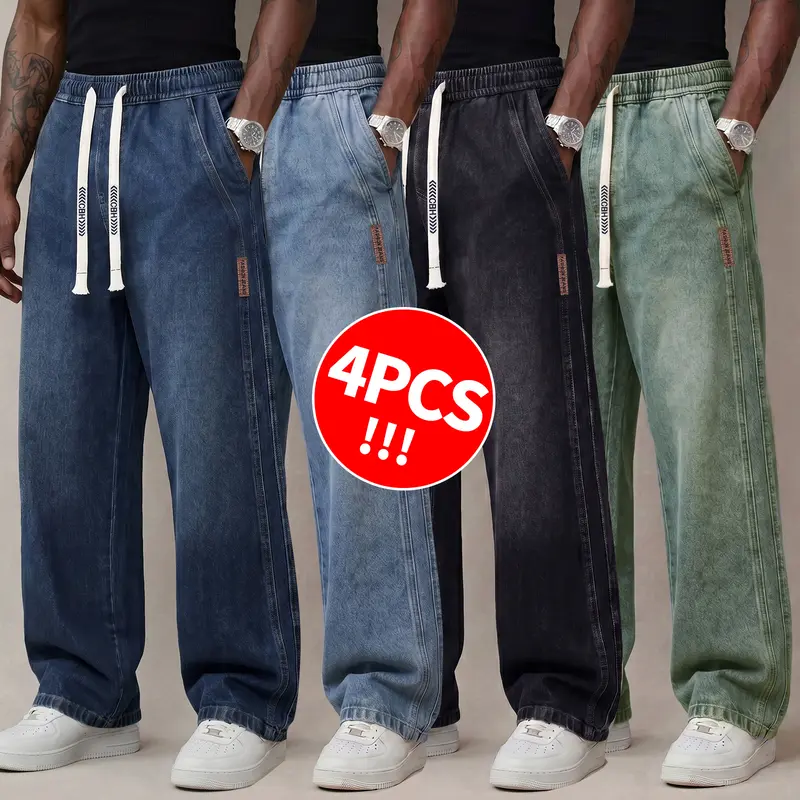 Men's Stretch Cotton Drawstring Jeans, Loose Fit Ankle
