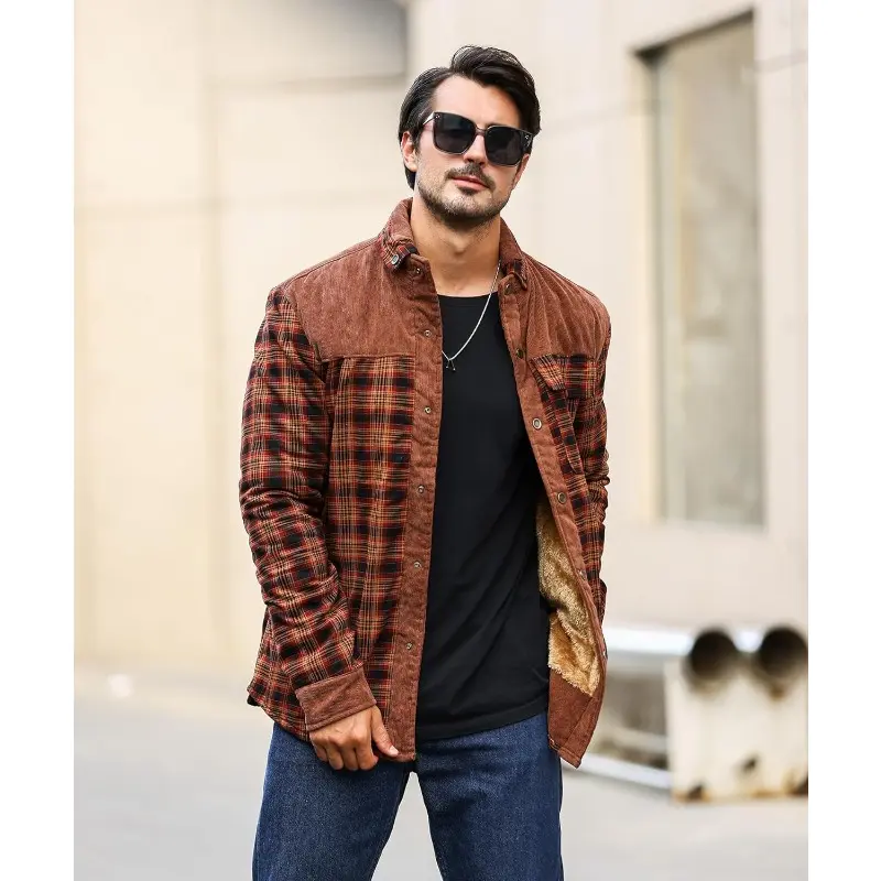 Men's Plaid Flannel Shirt Jacket Sherpa Fleece Lined, Corduroy