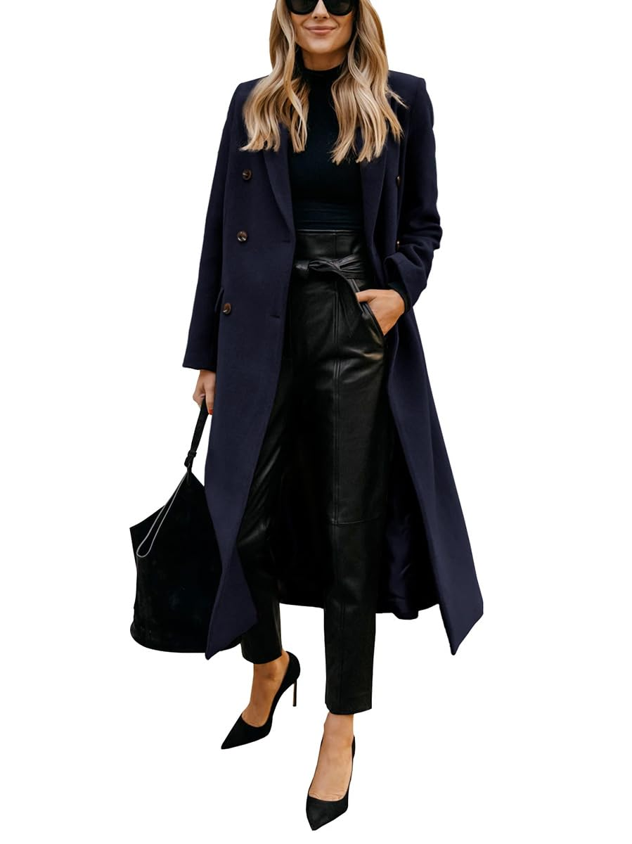 Womens Long Wool Coats Fall Winter Notch Lapel Peacoat Jackets
