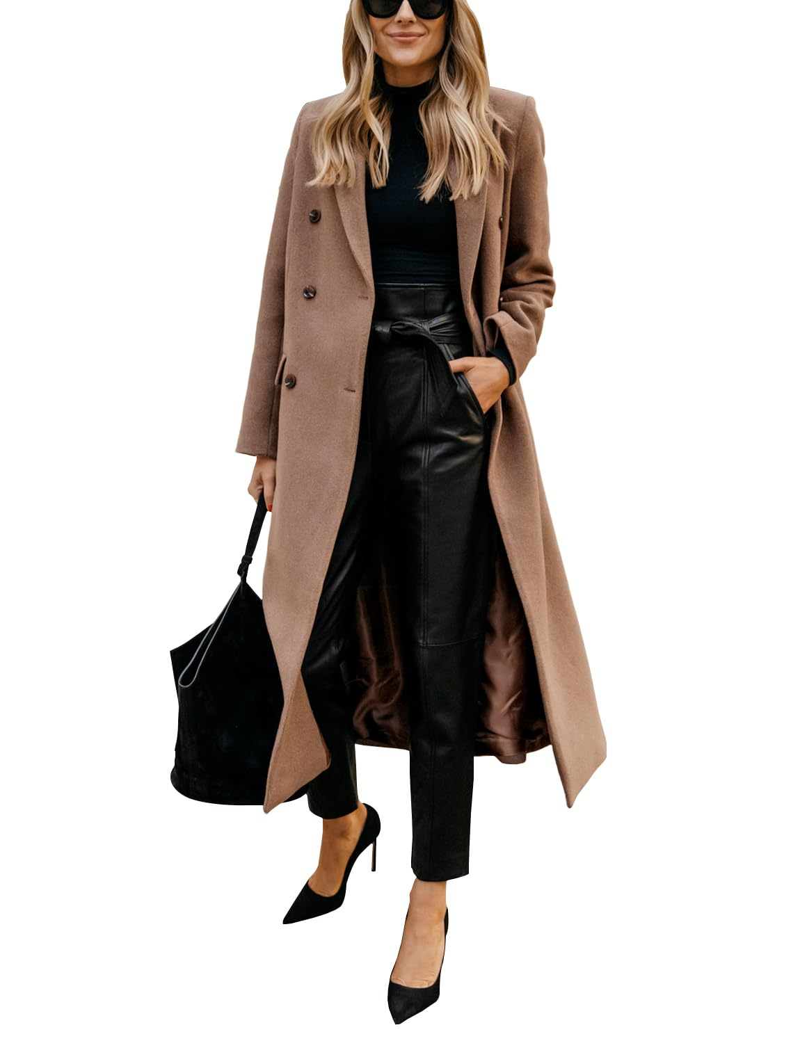 Womens Long Wool Coats Fall Winter Notch Lapel Peacoat Jackets