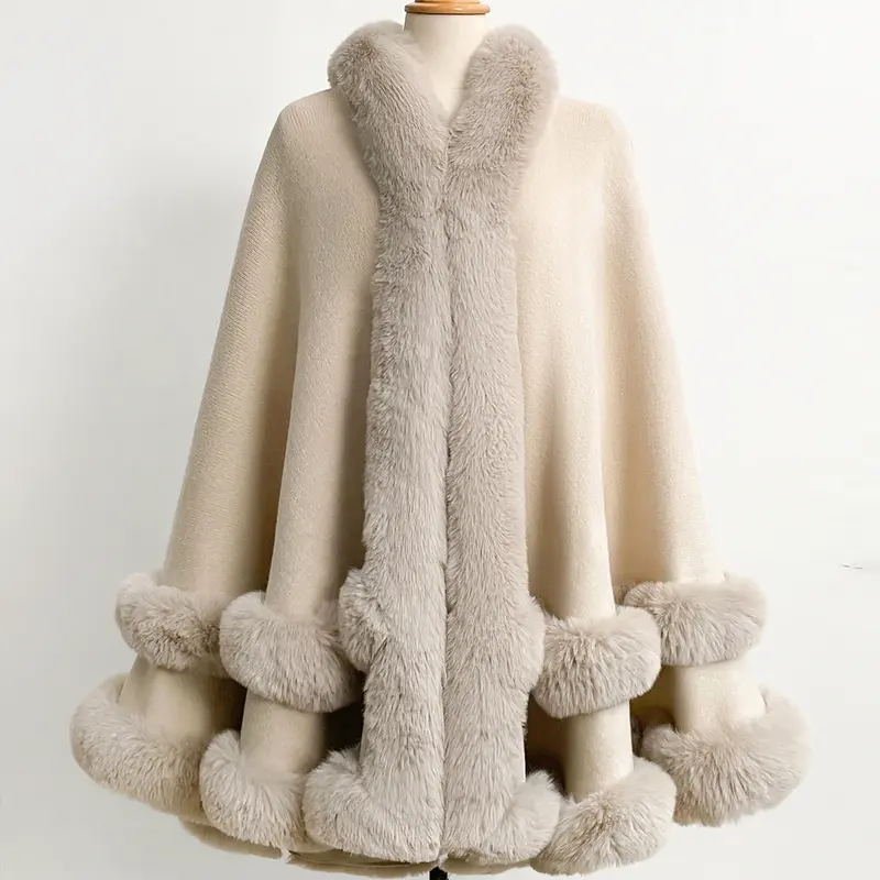 Luxury Faux Fur Hooded Cape Shawl for Women