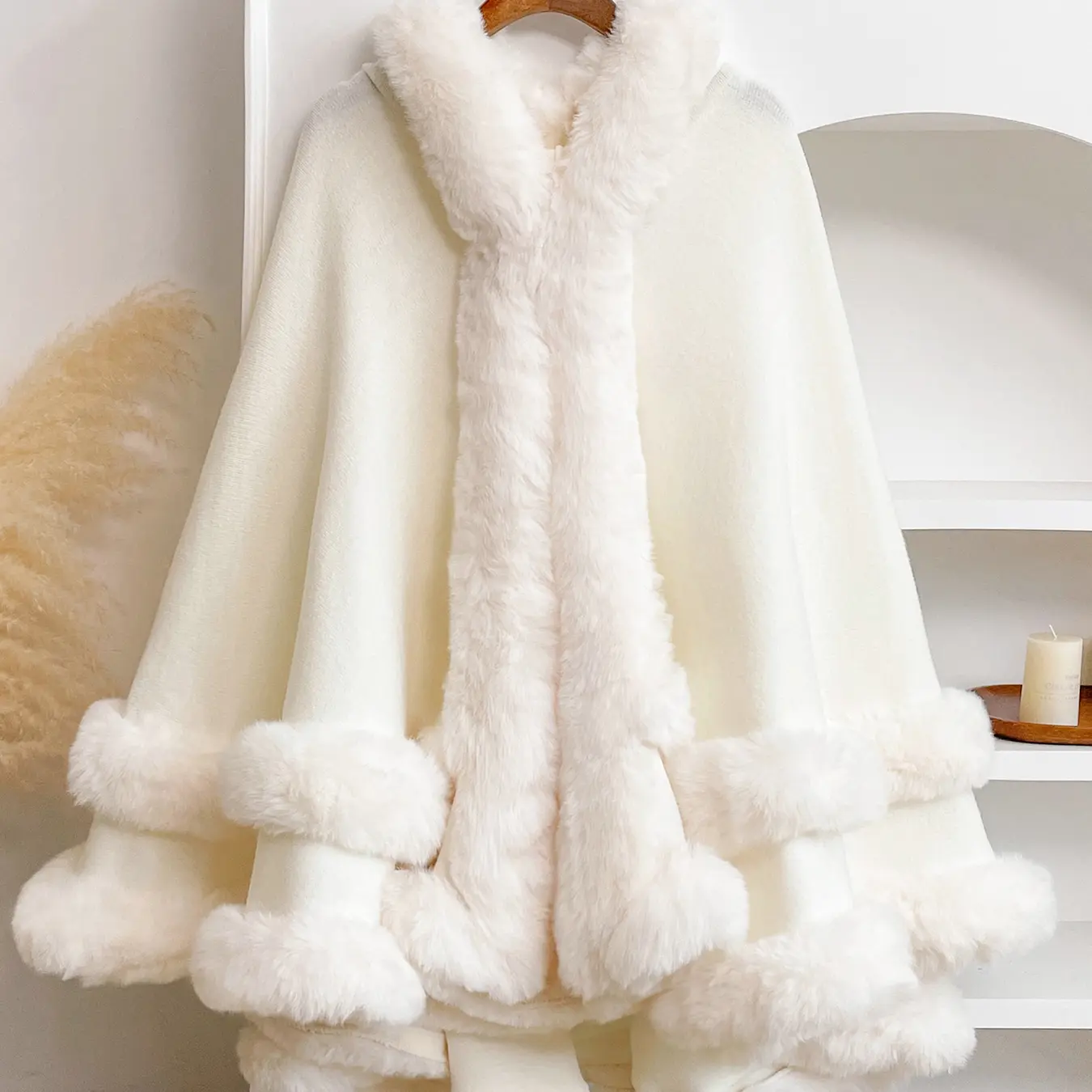 Luxury Faux Fur Hooded Cape Shawl for Women