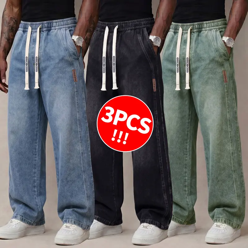 Men's Stretch Cotton Drawstring Jeans, Loose Fit Ankle