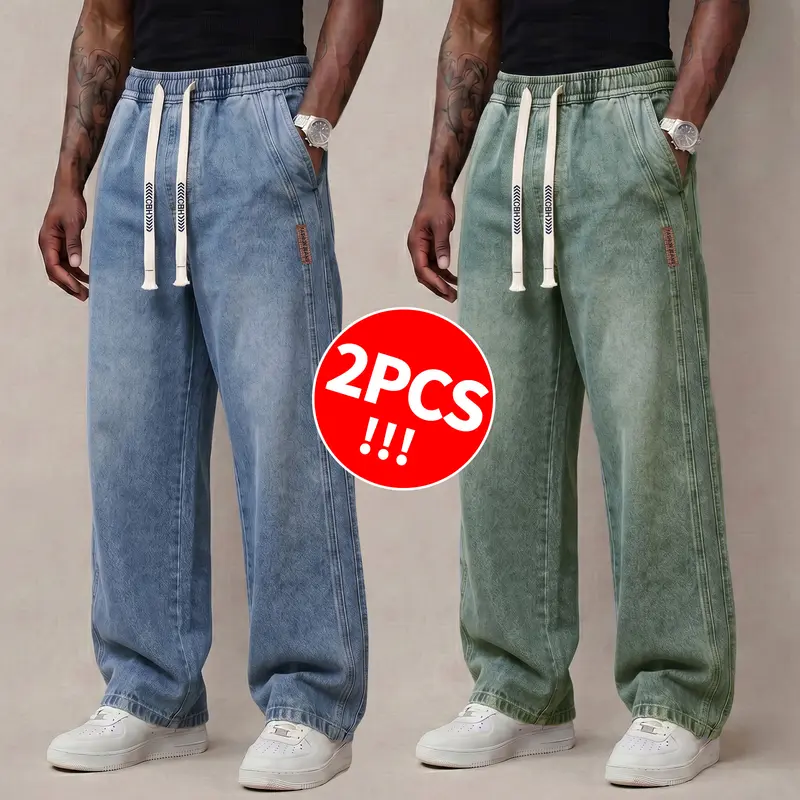 Men's Stretch Cotton Drawstring Jeans, Loose Fit Ankle
