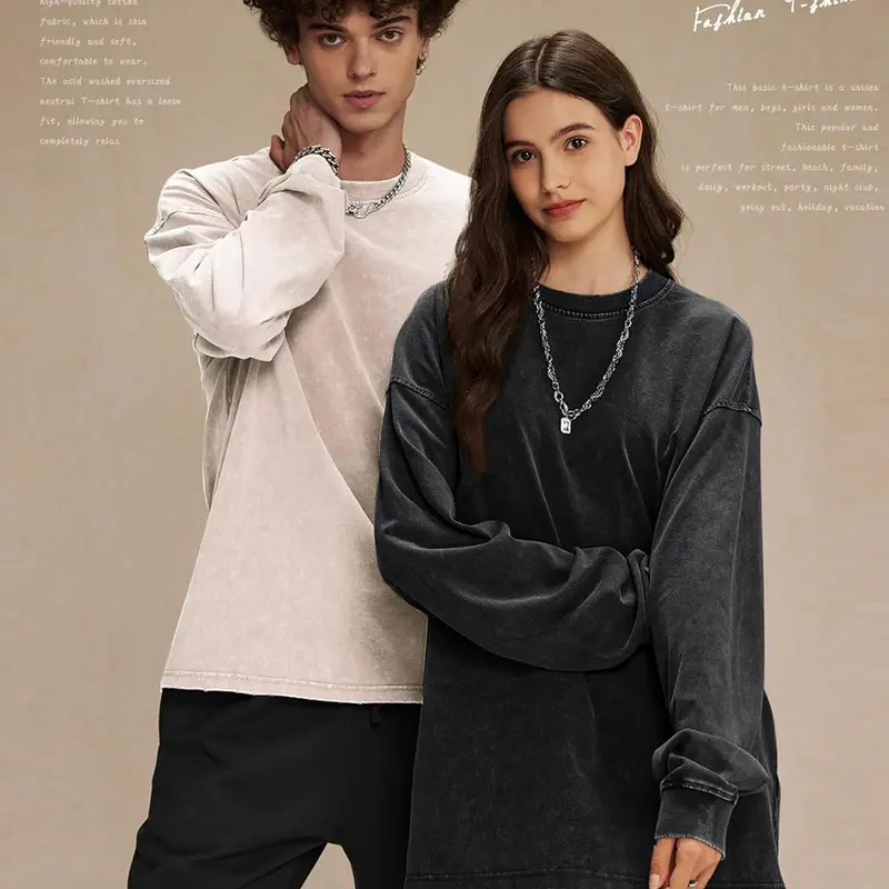 Unisex Long Sleeve Acid Wash Cotton T-Shirt 3-Pack