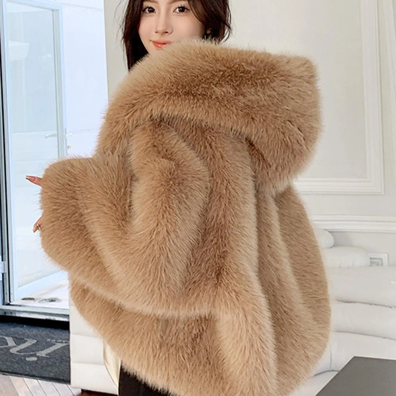 Women's Hooded Faux Fur Coat Loose Fit