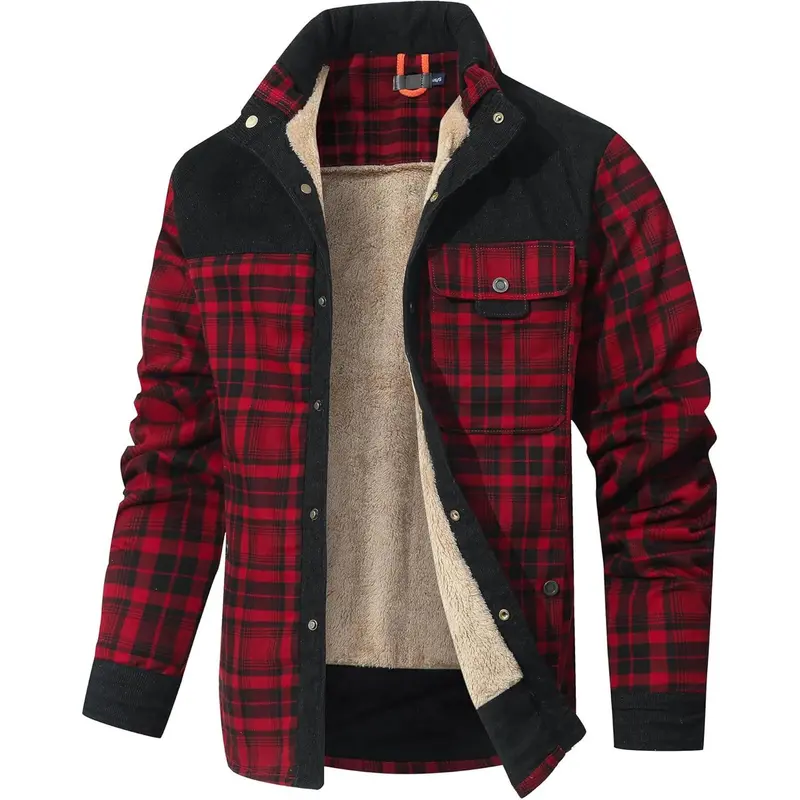 Men's Plaid Flannel Shirt Jacket Sherpa Fleece Lined, Corduroy