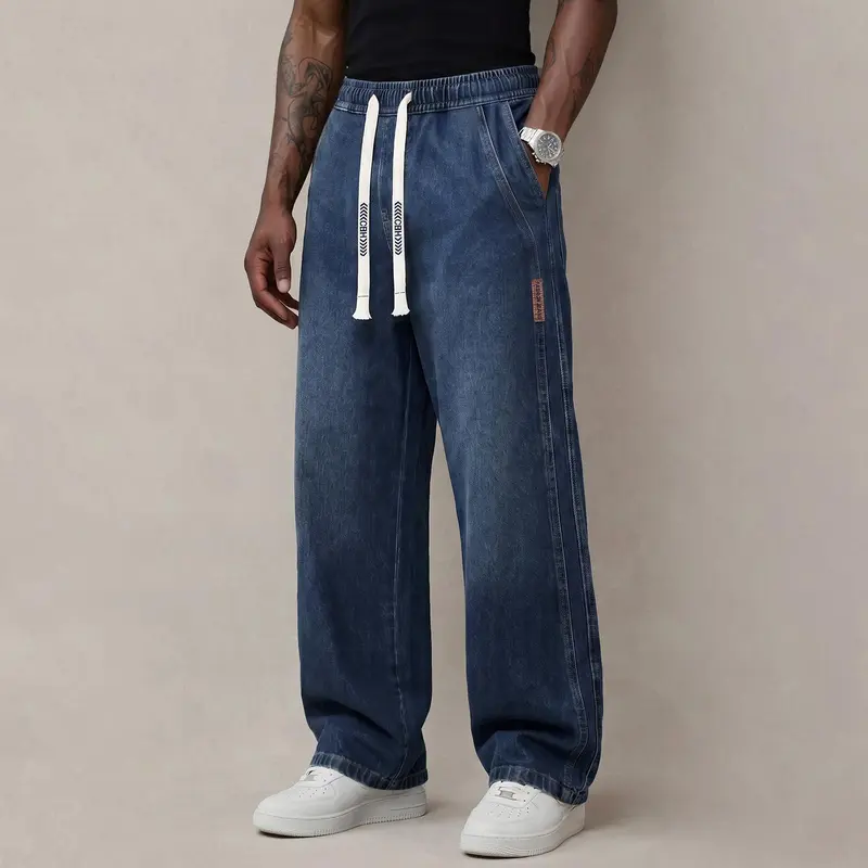 Men's Stretch Cotton Drawstring Jeans, Loose Fit Ankle