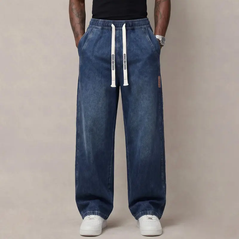 Men's Stretch Cotton Drawstring Jeans, Loose Fit Ankle