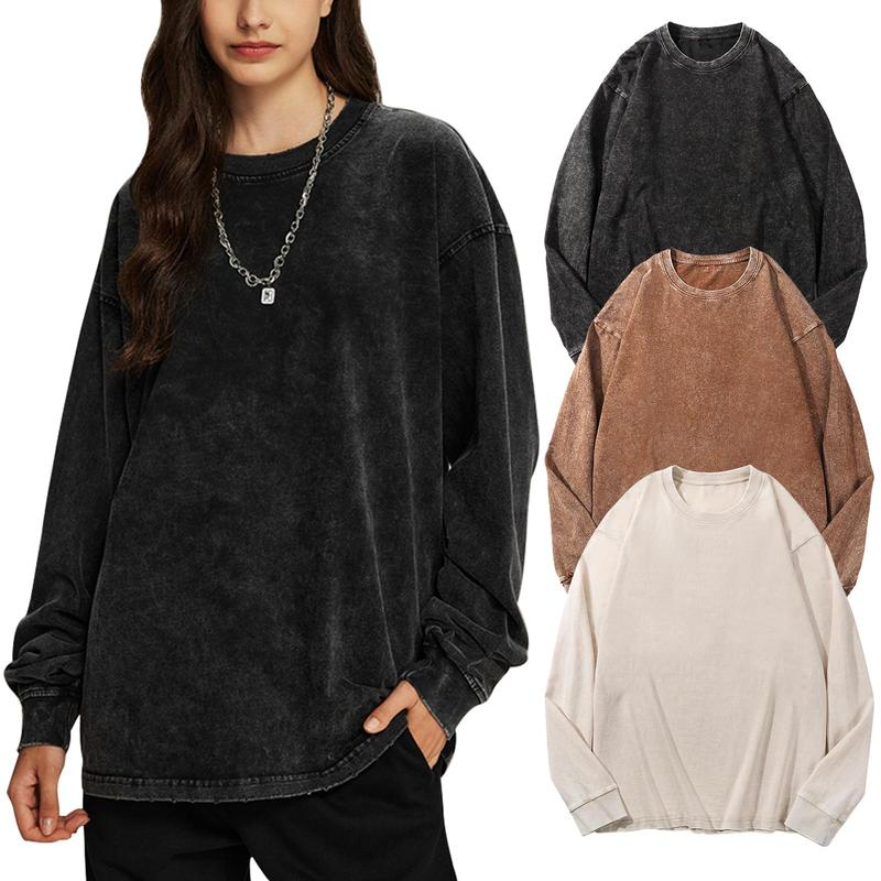Unisex Long Sleeve Acid Wash Cotton T-Shirt 3-Pack