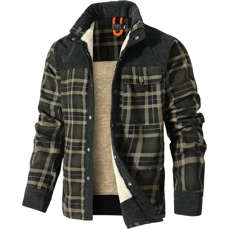 Men's Plaid Flannel Shirt Jacket Sherpa Fleece Lined, Corduroy