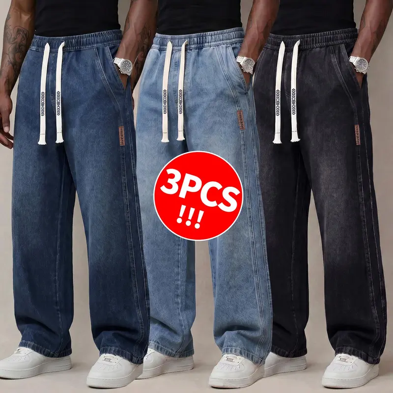 Men's Stretch Cotton Drawstring Jeans, Loose Fit Ankle