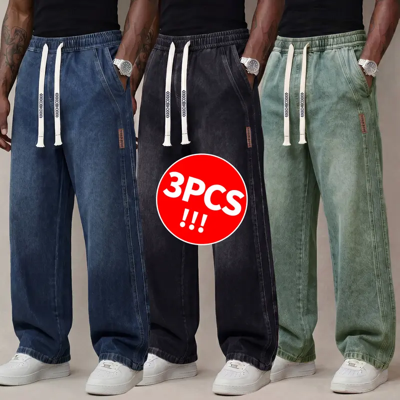 Men's Stretch Cotton Drawstring Jeans, Loose Fit Ankle