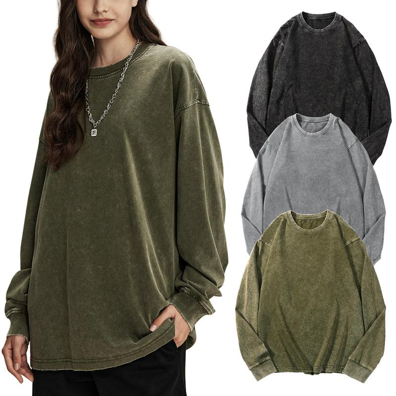 Unisex Long Sleeve Acid Wash Cotton T-Shirt 3-Pack