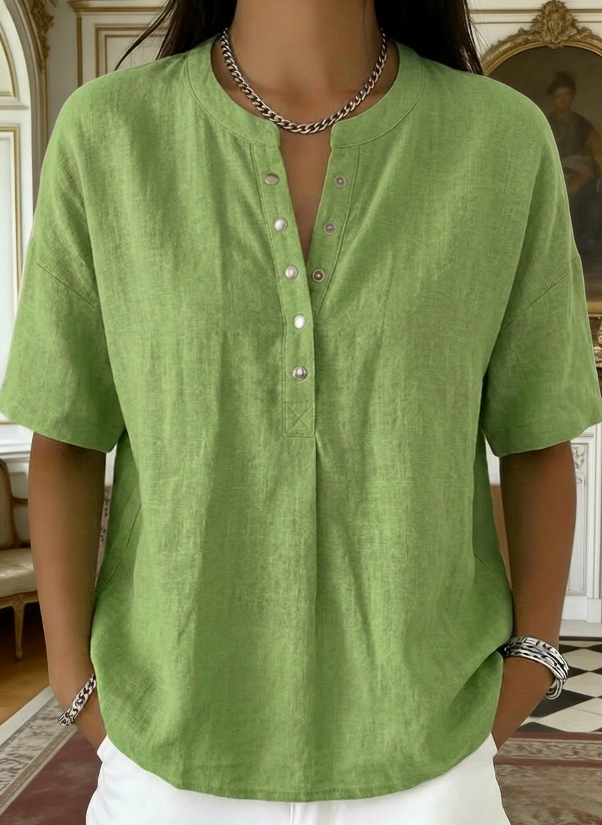 New Arrivals🔥 Women’s Casual Henley Collar Linen And Cotton Short-sleeve Shirt