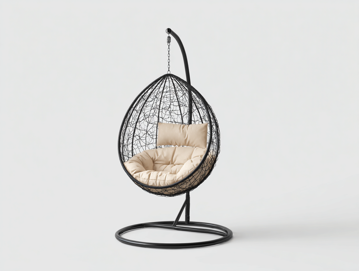 Sillón colgante de acero y entramado sintético 108×106×198 cm – negro/beige – cesta suspendida con base independiente para terraza-Lodiystudio