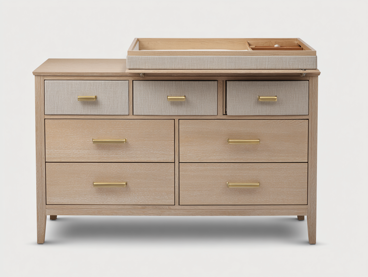Armario con cajones de madera y tejido 125×52×92 cm – roble natural/beige – almacenamiento con bandeja superior-Lodiystudio