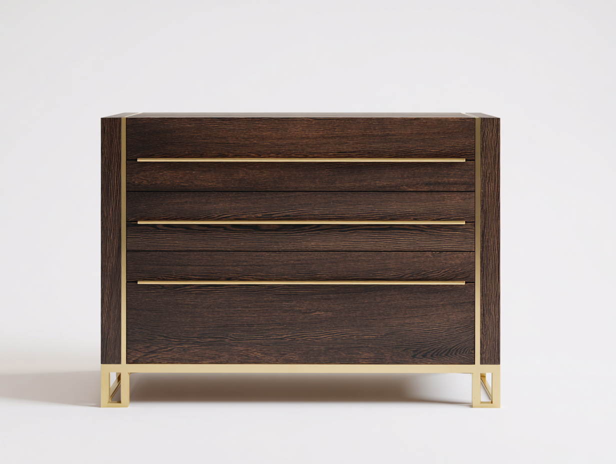 Armario con cajones de madera 125×45×92 cm - nogal oscuro/dorado - diseño elevado contemporáneo para dormitorio-Lodiystudio