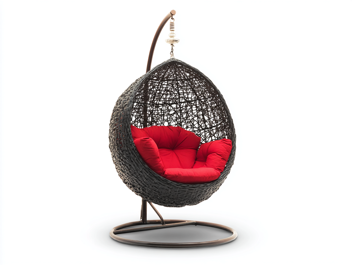 Sillón colgante de metal y fibra trenzada 105×105×195 cm - negro/rojo - diseño huevo con soporte para terraza-Lodiystudio