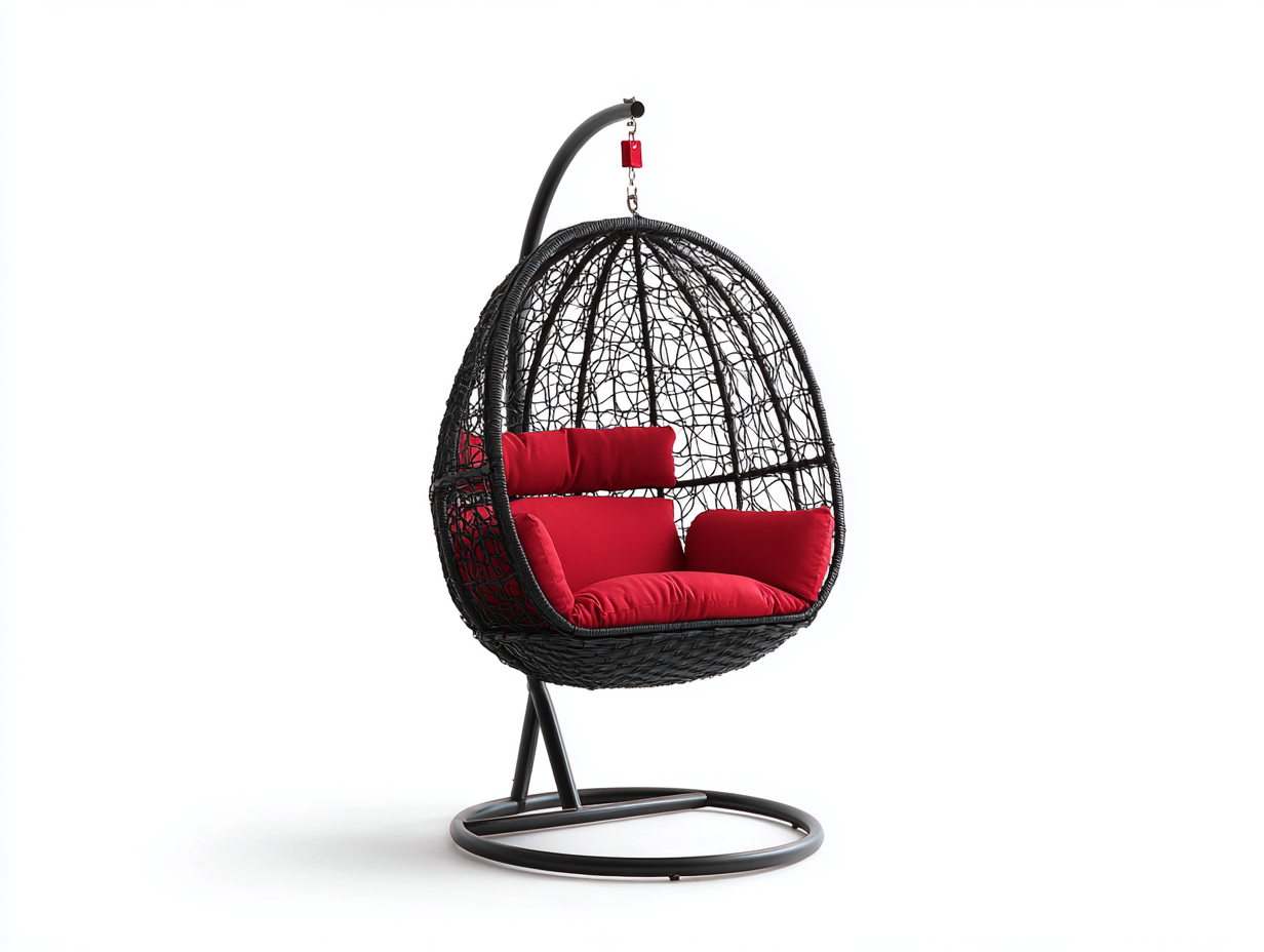 Sillón colgante de acero y fibra tejida 110×108×190 cm - negro/rojo - cesta ovalada con base circular para terraza-Lodiystudio