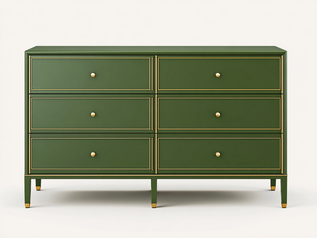 Armario con cajones de madera 140×45×82 cm - verde oliva/dorado - estilo elegante para dormitorio-Lodiystudio