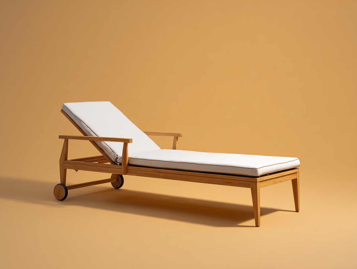 Sillón reclinable de madera maciza 200×72×90 cm – marrón teca/blanco roto – respaldo regulable con ruedas para terraza-Lodiystudio