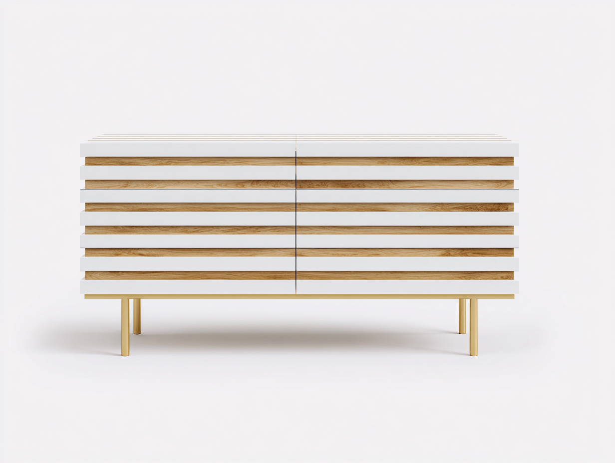 Armario con cajones 150×44×84 cm – blanco/roble natural/dorado – diseño de lamas horizontales para dormitorio-Lodiystudio