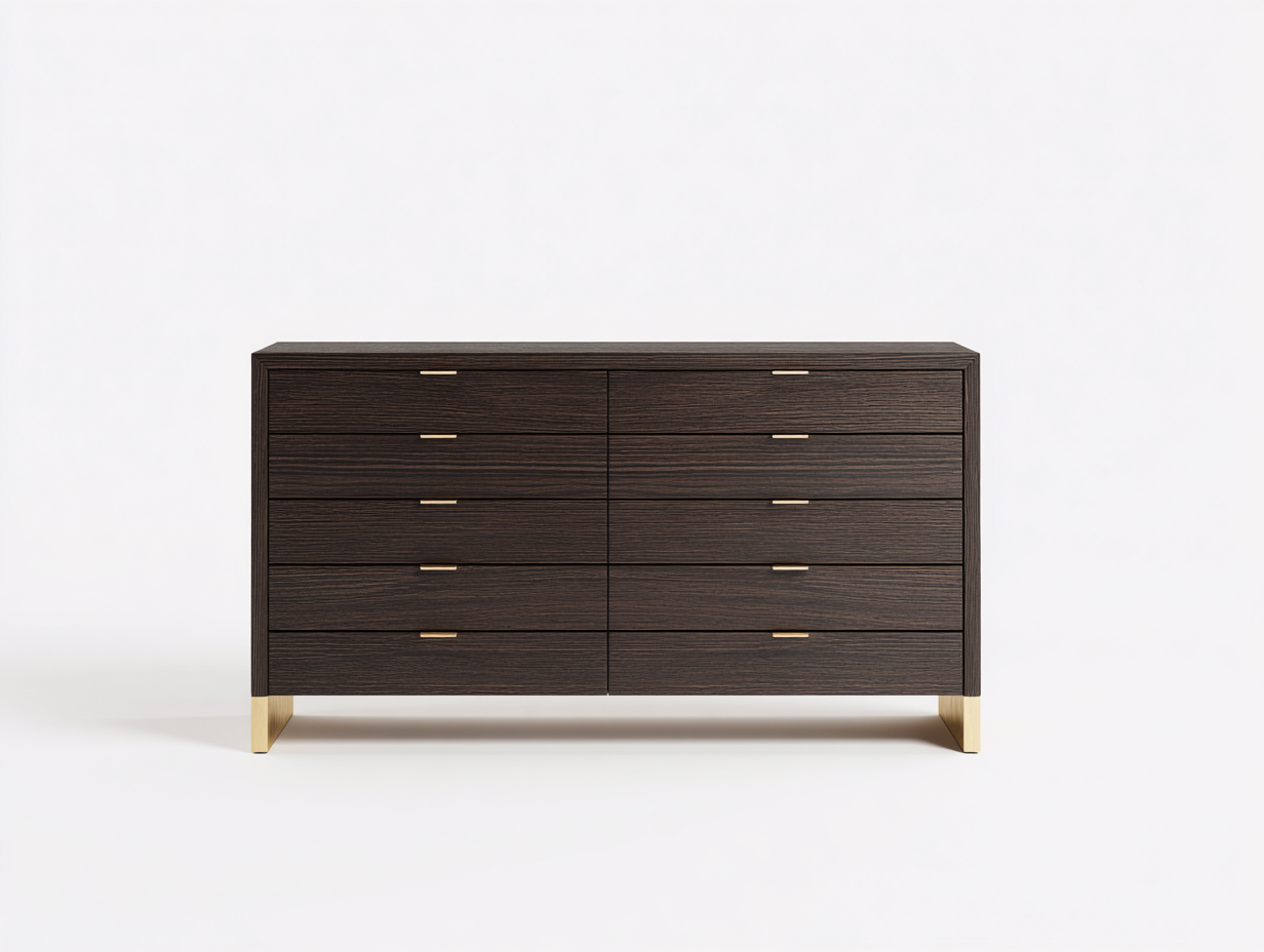 Armario con cajones de madera 145×48×85 cm – nogal oscuro/dorado – diseño elevado para dormitorio-Lodiystudio