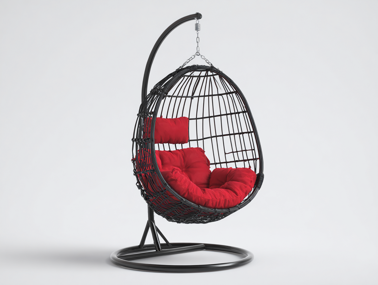 Sillón colgante tipo huevo de acero y tejido sintético 110×108×198 cm – negro/rojo – cesta suspendida con base para terraza-Lodiystudio