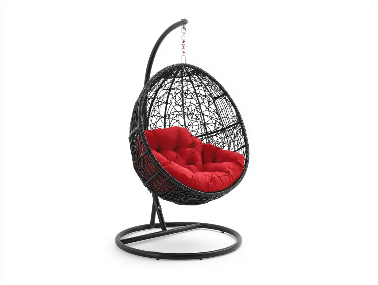 Sillón colgante tipo huevo de fibra trenzada 105×100×190 cm – negro/rojo – base autoportante para terraza-Lodiystudio