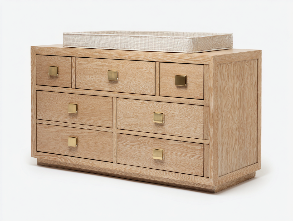 Armario con cajones de madera 130×48×85 cm - roble claro/dorado - diseño natural contemporáneo para dormitorio-Lodiystudio