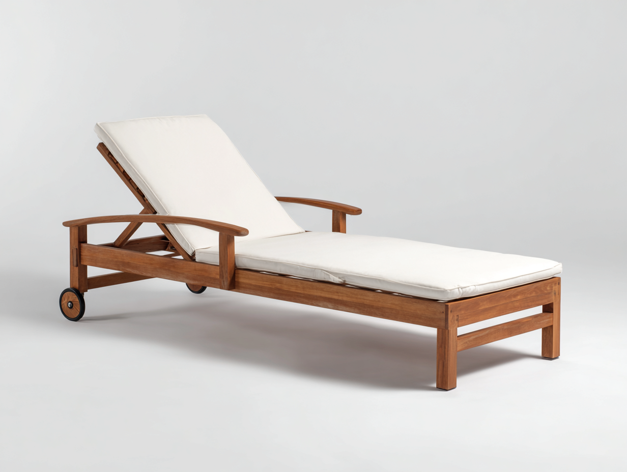 Sillón reclinable para terraza de madera 202×70×95 cm – marrón miel/blanco marfil – colchoneta acolchada y respaldo ajustable-Lodiystudio