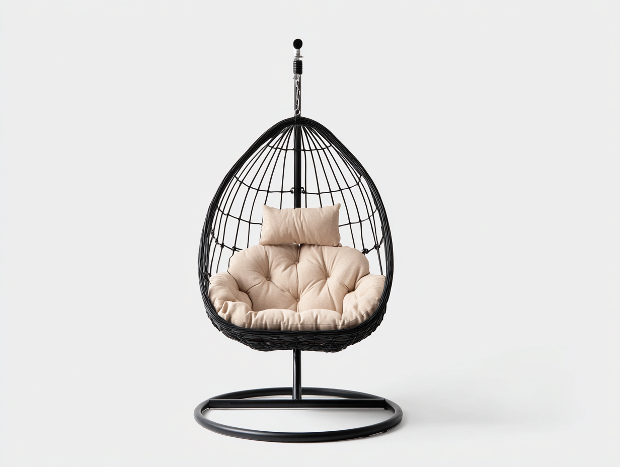 Sillón colgante de ratán sintético 108×103×195 cm – negro/beige – base circular autoportante para terraza-Lodiystudio