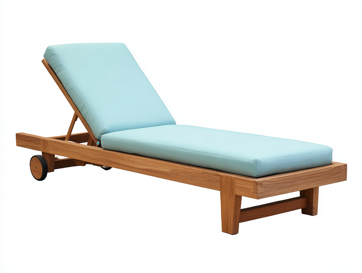 Sillón reclinable de madera y tejido 198×72×90 cm - madera natural/azul claro - respaldo regulable con ruedas para terraza-Lodiystudio