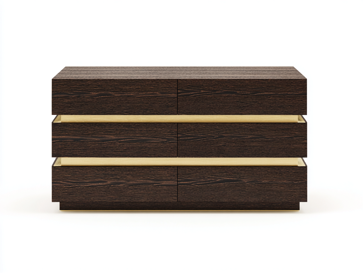 Armario con cajones de madera 135×48×82 cm - marrón ébano/dorado - estilo minimalista con frentes horizontales para dormitorio-Lodiystudio