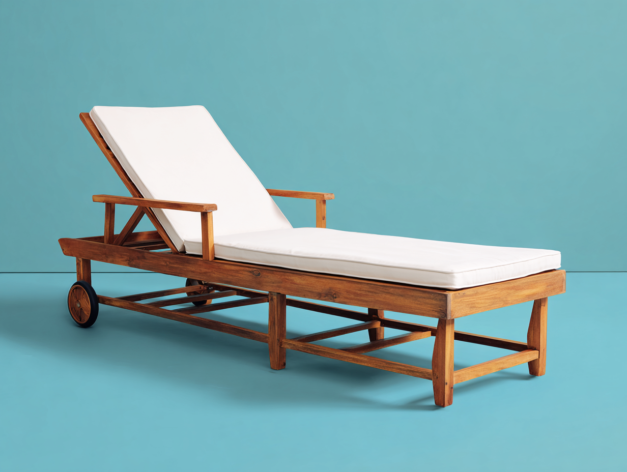 Sillón reclinable de madera maciza 198×68×92 cm – marrón teca/blanco roto – respaldo regulable con ruedas para terraza-Lodiystudio