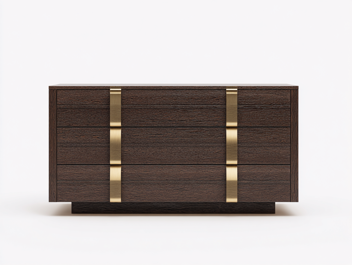 Armario con cajones de madera 150×48×82 cm – roble oscuro/dorado – almacenaje contemporáneo para dormitorio-Lodiystudio
