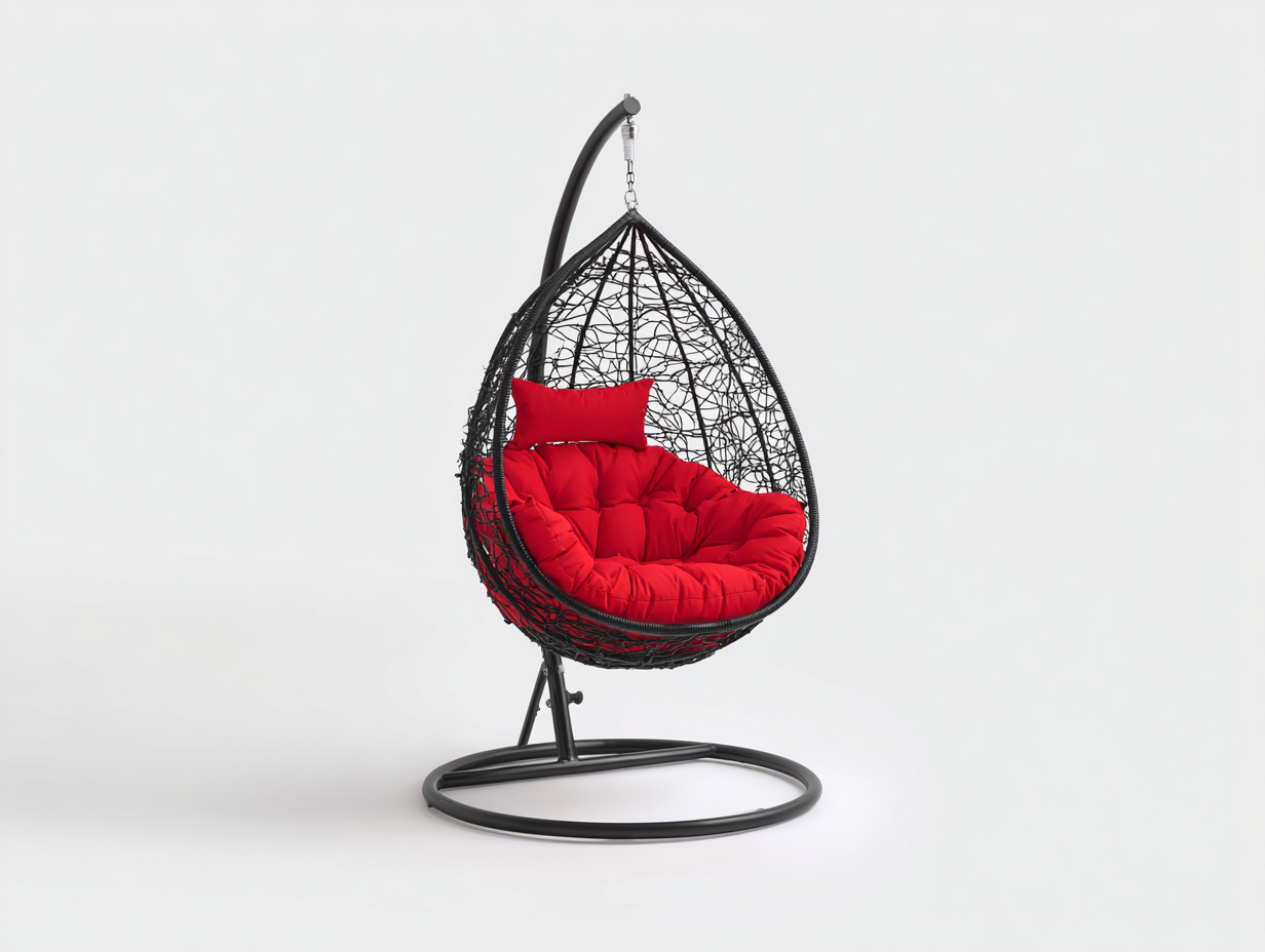 Sillón colgante de acero y fibra sintética 105×105×195 cm – negro/rojo – soporte independiente para terraza-Lodiystudio