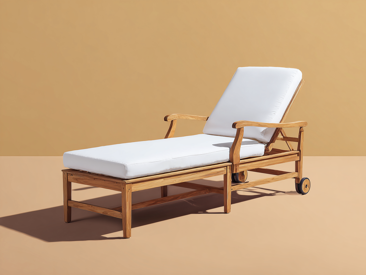 Sillón reclinable de madera y tejido 195×72×92 cm - madera natural/blanco - respaldo ajustable con ruedas para terraza-Lodiystudio