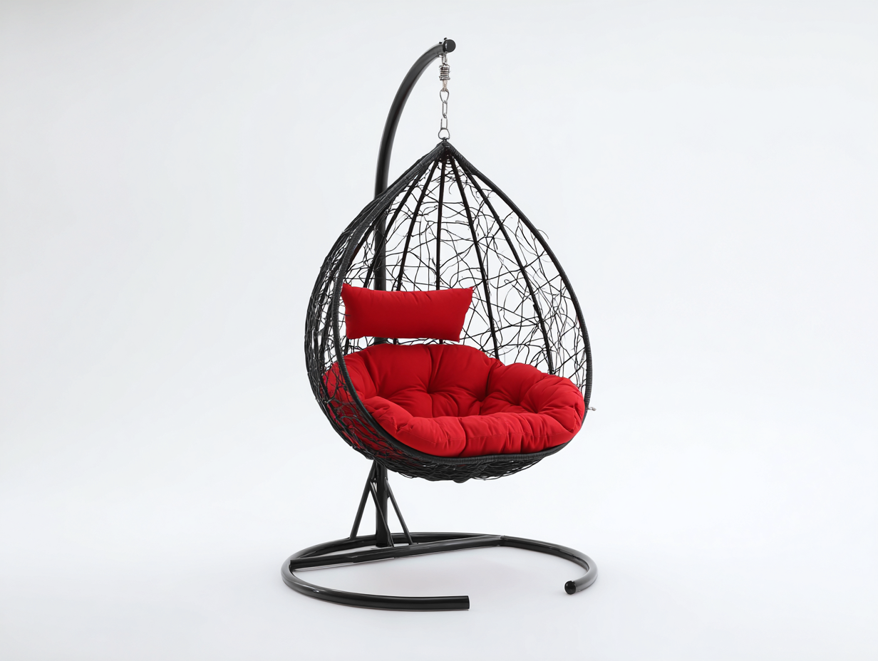 Sillón colgante de acero y ratán sintético 108×105×195 cm - negro/rojo - cesta tipo lágrima con soporte para terraza-Lodiystudio